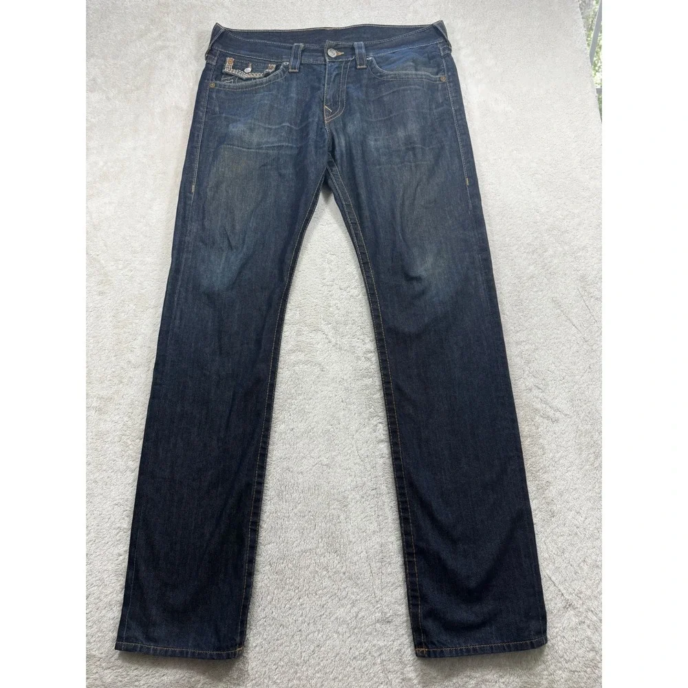 True Religion Mens Skinny Flap Pocket Dark Wash Blue  Jeans 34 Meas: 37x34.5